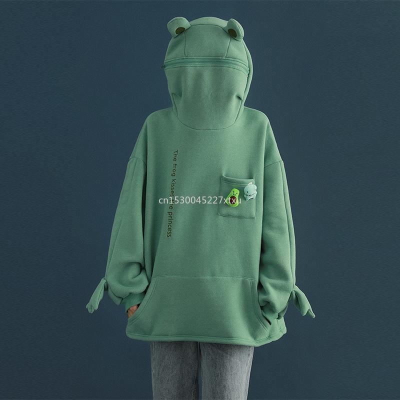 Unisex Frog Zipper Hoodie Fleece Lined Springtime Embroidery oversized Sweatshirt Harajuku Warm Pullover Korean Style Dropship 220817