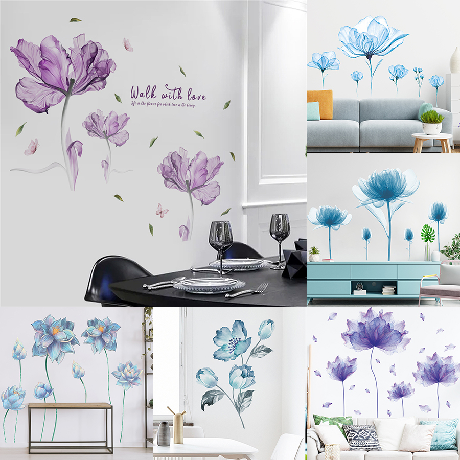 Large White Blue Flower Lotus Butterfly Removable Wall Stickers 3D Wall Art Decals Home Decor Mural Art for Living Room Bedroom