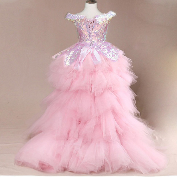 Girl Pink Flower For Wedding Lace Applique Ruffles High Low Long Sequined Girls Pageant Gowns Sweep Train Children Prom Party Dresses s