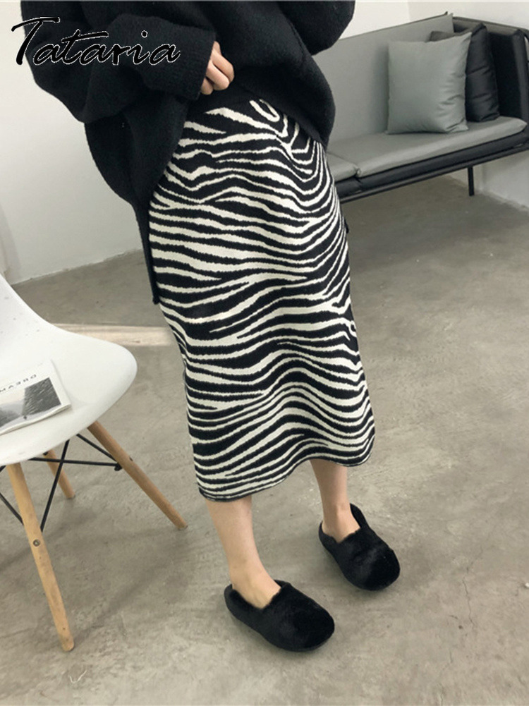 Zebra Stripe Women Midi Knitted Skirt Female High Waist Vintage Pleated Straight Animal Print Ladies 220322