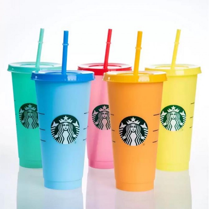 24OZ/710 ml Color-changing Cup Plastic reusable clear drinking cup cylindrical lid straw Free shipping