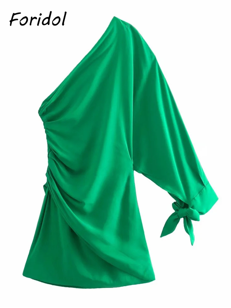Foridol Lace Up One Shoulder Ruched Green Party Dress Batwing Sleeve Short Elegant Clubwear Dress Vestidos De Fiesta Summer Robe 220511