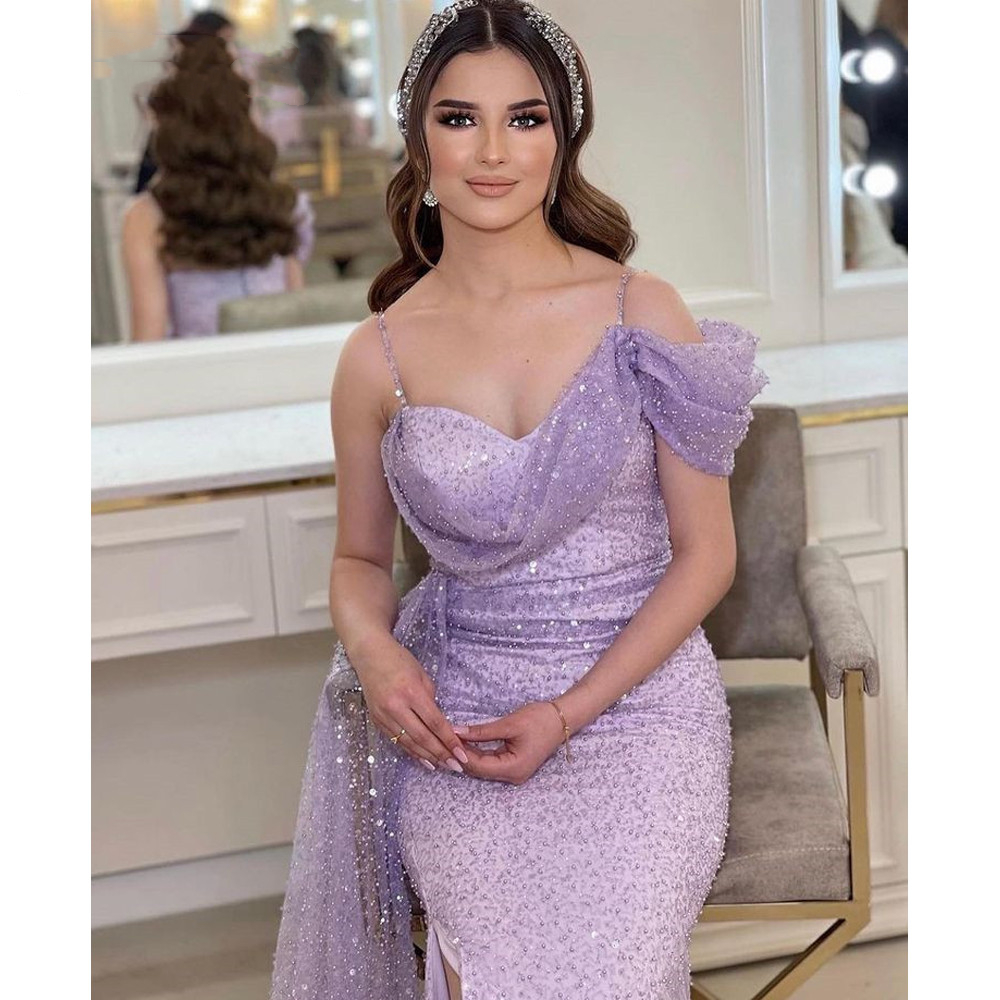 Dubai Glitter Dresses Spaghetti Strap One Shoulder Split Evening Dress Elegant Mermaid Sequins Beading Women Formal Party Gowns Lz0304