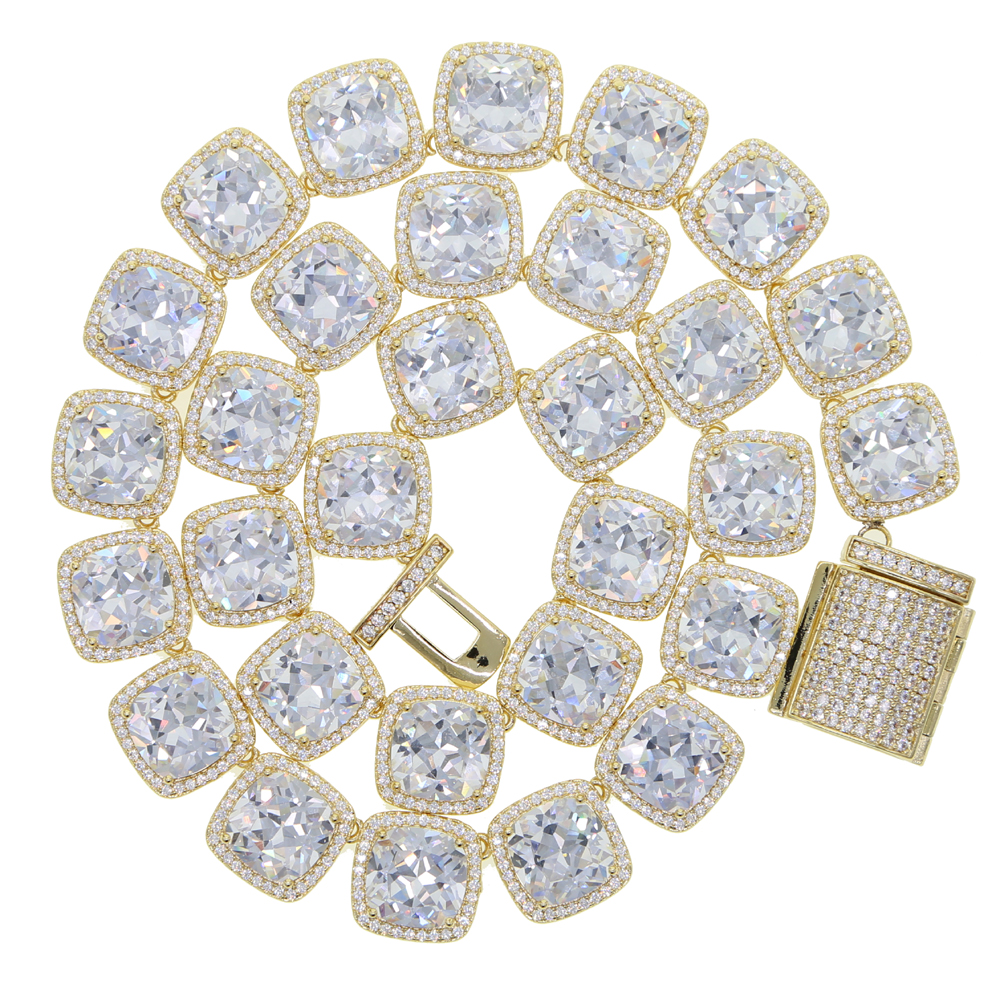 Iced Out CZ Cluster Tennis Chain - Hip Hop Square Charm Necklace for Men