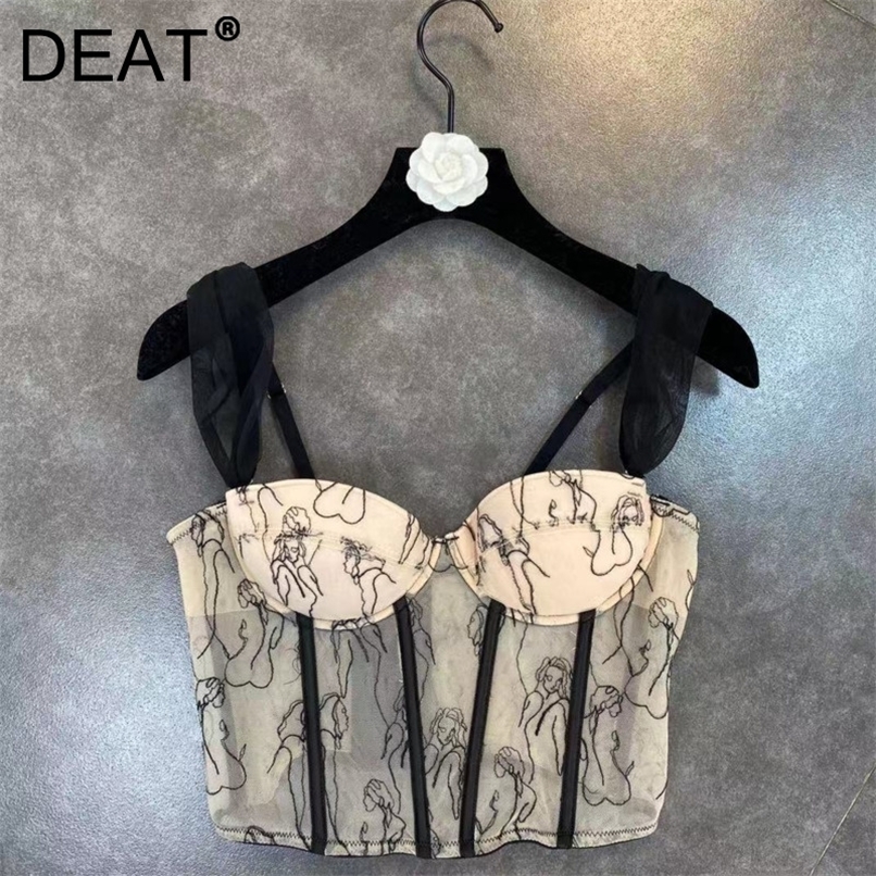 DEAT Summer Arrivals Sleeveless Mesh Strap Embroidery Fashion Temperament Fish Bone Tank Tops Women Camisole ML507 220316