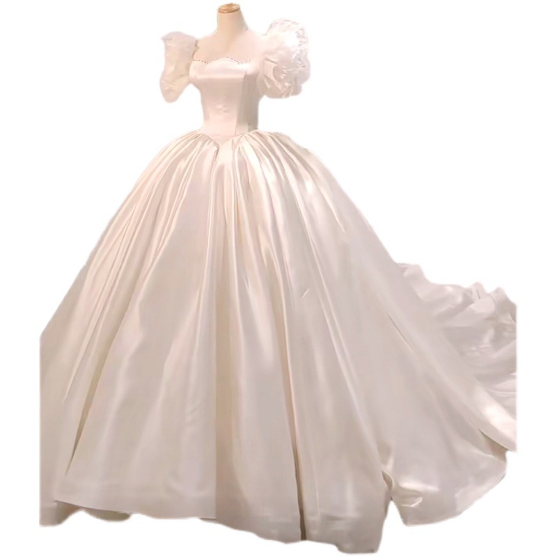 Princess Boho Wedding Dress With Pearls Puff Sleeves Real Picture Ball Gown Soft Satin Country Wedding Dresses For Women Elegant Bohemian Garden Bride