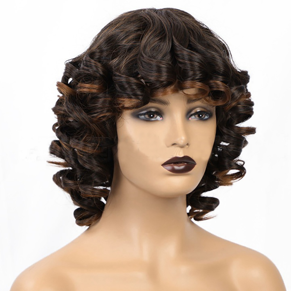 Beautiful High temperature Fiber Big Wave Short Afro Curly Wigs for Woman Black Ombre Brown Color