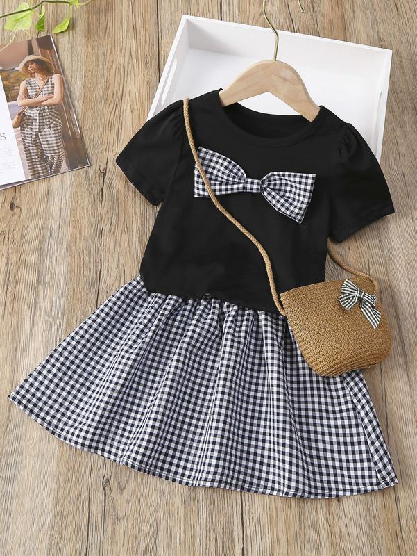 Toddler Girls Gingham Bow Front Puff Sleeve Tee & Skirt SHE