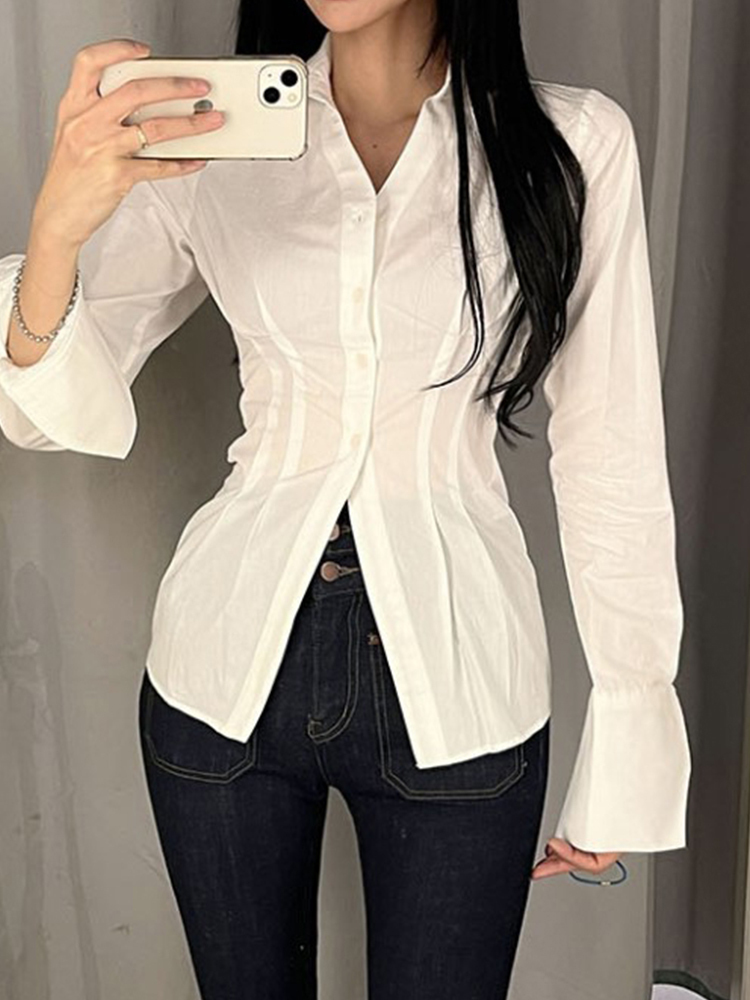 Rapcopter Y2K Button Crop Top Ruched Full Sleeve T Shirt Turn Down Collar Retro Elegant Cardigan Corset Tee Korean 220714