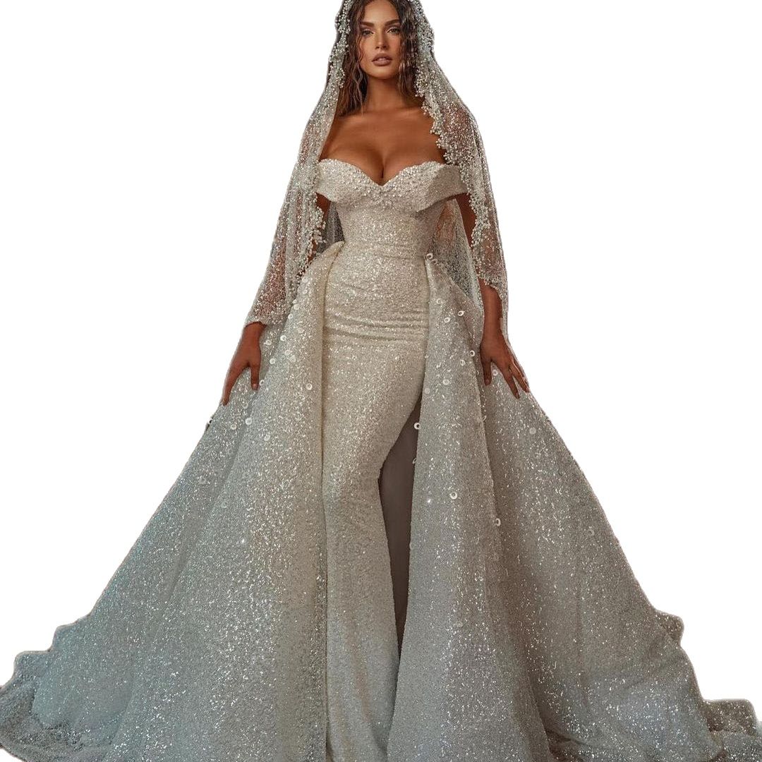 Sparkly Sequined Bohemian Mermaid Wedding Dress Off The Shoulder Illusion Bridal Gowns Tiered Beads vestido de noiva Detachable Train