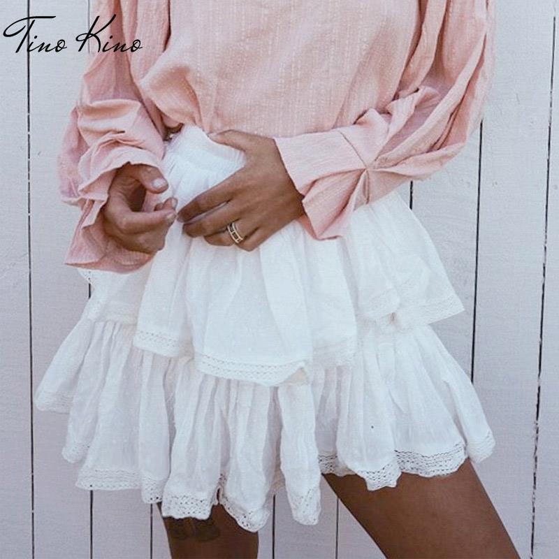 Women's High Waist A-Line Mini Skirt Summer Women Elegant White s Casual Lace Splice Short Holiday 220317