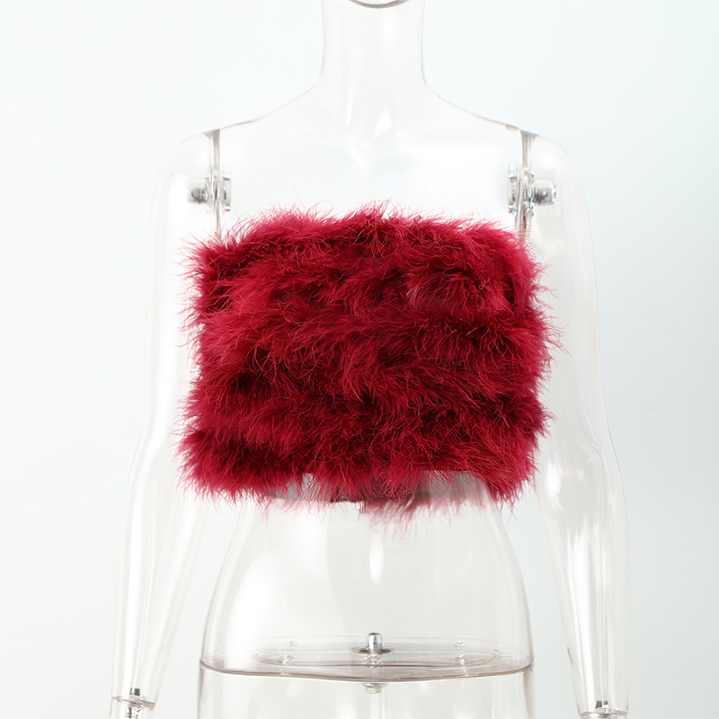 Sexy Women Furry Crop Top Camis Ostrich Feather Tank Tunic Vest Female Sleeveless Bra Party Ladies Tube Cropped Corset 220316