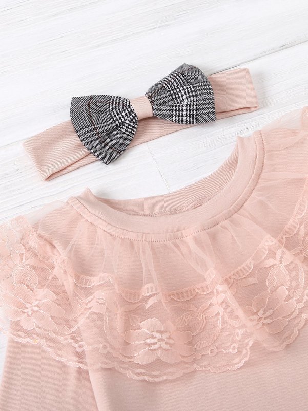 Toddler Girls Lace Panel Tee & Plaid Skirt & Headband SHE