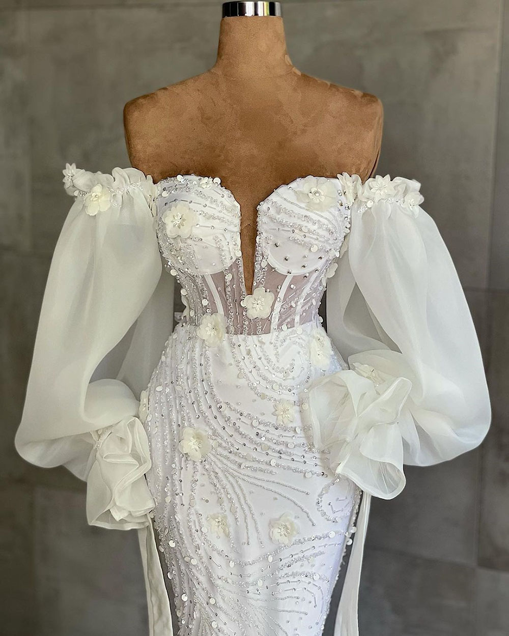 Gorgeous Beading Sequined Mermaid Prom Dresses Puffy Sleeves Lace Appliques 3D Flowers Evening Gowns Formal Party Dress