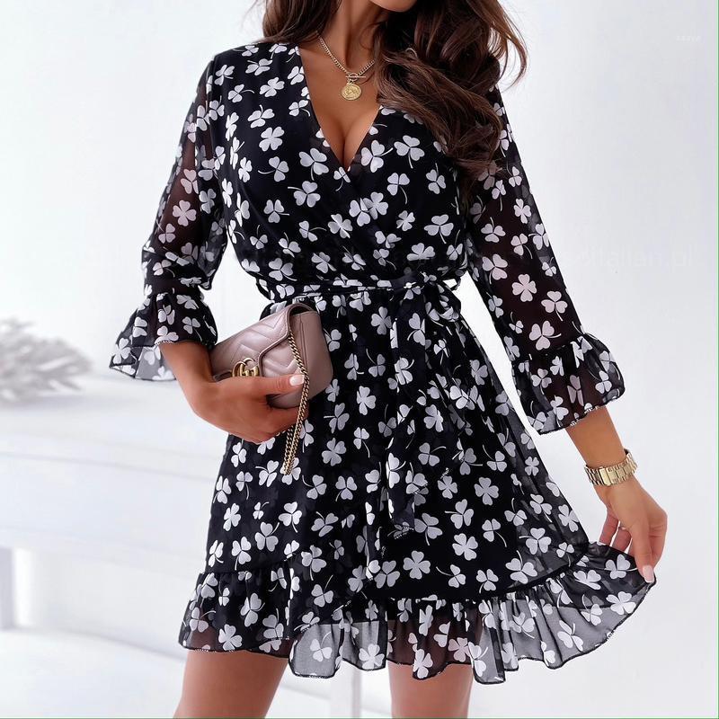 Women Chiffon V Neck Mini Dress Spring Floral Printed Three Quarter Sleeve Cascading Ruffle Party Lady Dance Vestidos 2022 Casual Dresses, Black
Women Chiffon V Neck Mini Dress Spring Floral Printed Three Quarter Sleeve Cascading Ruffle Party Lady Dance Vestidos 2022 Casual Dresses, Black