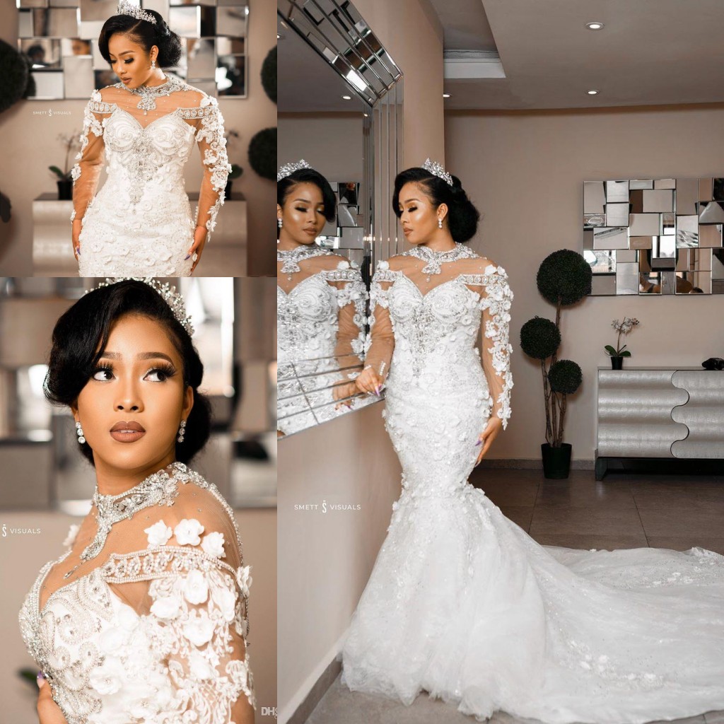 Arabic Aso Ebi Luxurious Lace Beaded Crystals wedding dresses high neck 3D floral long sleeve cathedral train civil bridal gown