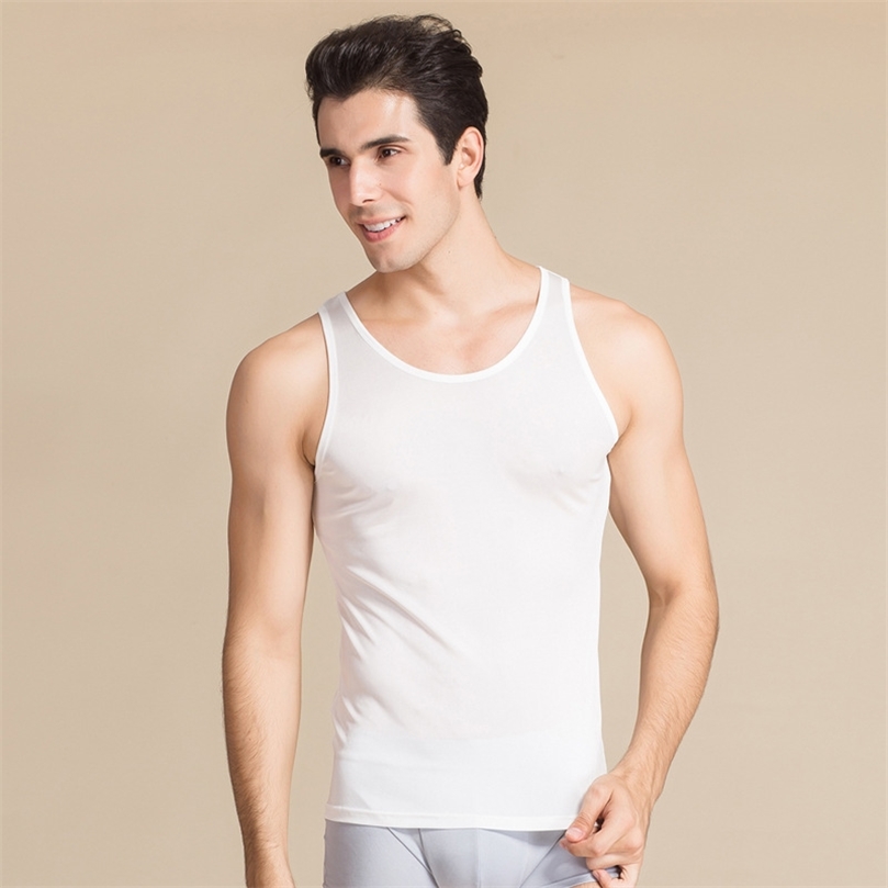 Summer Men Tank Tops 100% Real Silk O-neck Knitted Casual Vest Male Casual Comfortable Cool Breathable Tank Tops 9501 210308