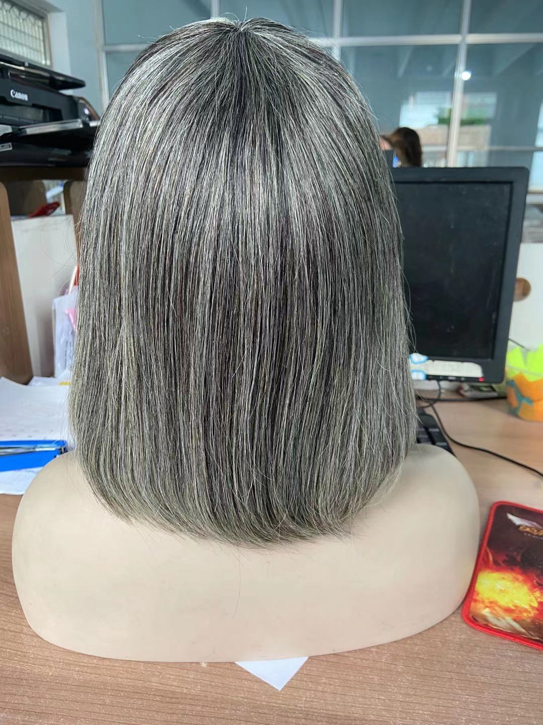 Custom Salt&pepper color grey bob human hair wig for black women with bang fringe hairpiece silver two tone blend natural daily use 150%density short 