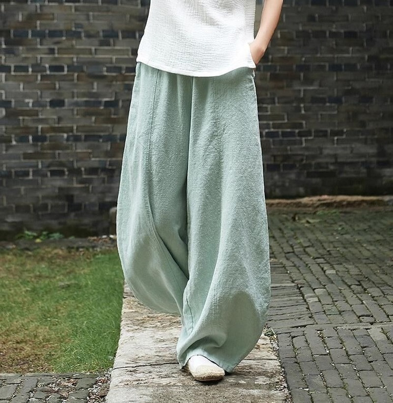 Cotton Linen Bloomers Wide Leg Pant Vintage Full Length Fashion Elegent Solid Elasitic Waist Spring Autumn 5XL 220325