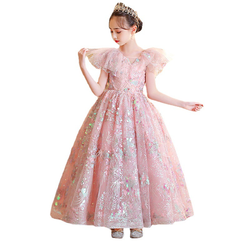 Bling Sequin Pageant Fluffy pink sequined Ruched Flower Girl Dress Ball Gowns Party Dresses for Girls First Holy Communion gown