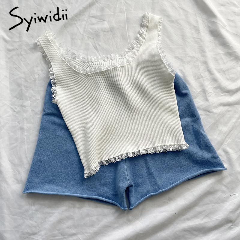 Syiwidii Lace Black Tank Tops for Women Clothes Crop Top T Shirt Cute Sexy White Bustier Short Solid Spandex Stretch Knitted 220316