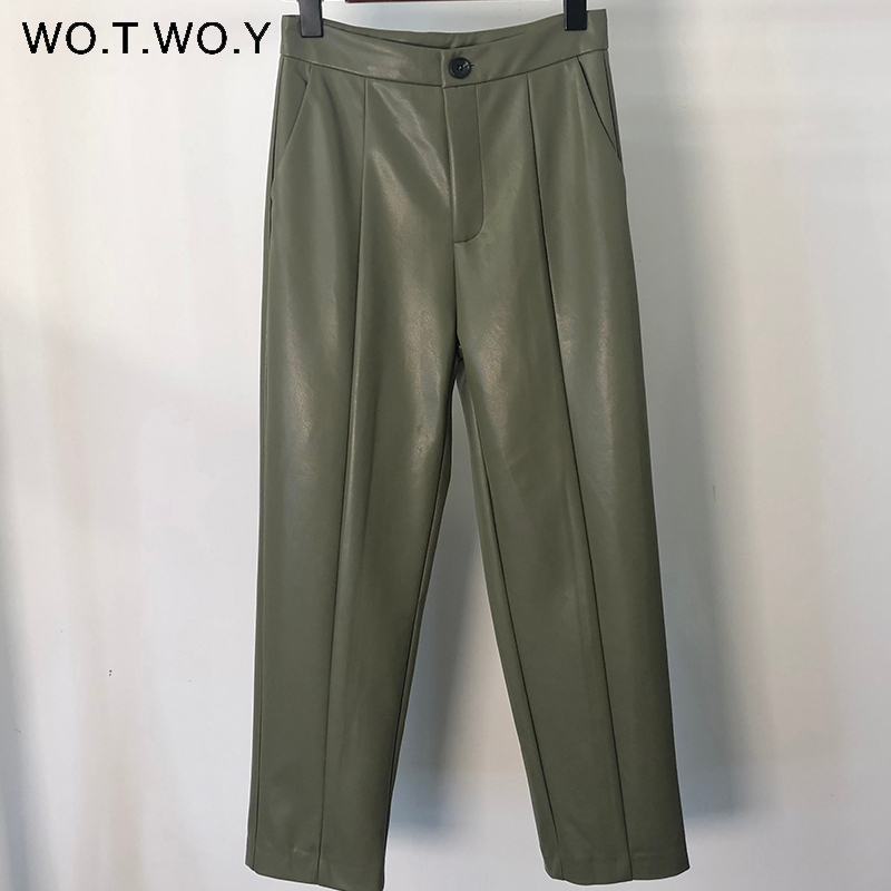 WOTWOY Elegant Spliced PU Leather Pant High Waist Office Lady Fomal Trousers Female Black Straight with Pockets 220325