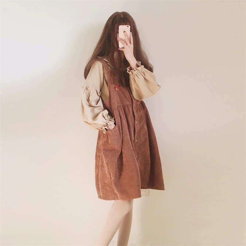 Women's Beach Casual Dresses Vintage Kawaii Ulzzang Corduroy Strap Dress Female Cute Kawaii Harajuku Clothing For Women T200416