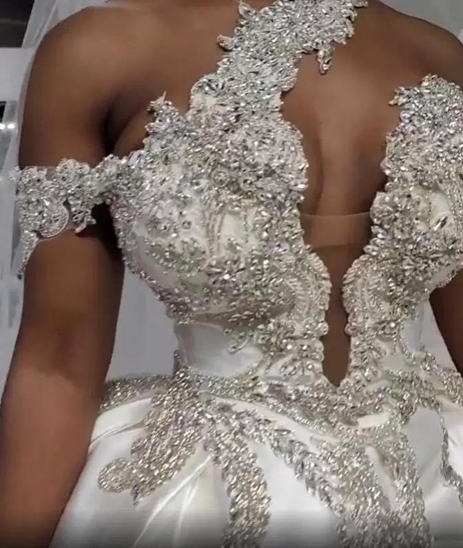 African Nigerian Plus Size Wedding Dresses Luxury Arabic Aso Ebi Crystals High Split puffy skirt Bridal Gowns One Shoulder