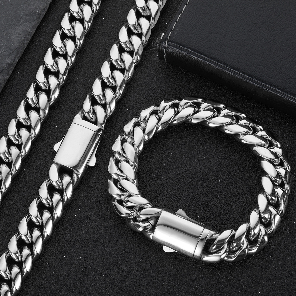 Cuban Link Chain Necklace Bracelet Set 18K Gold Plated Stainless Steel Design Spring Buckle