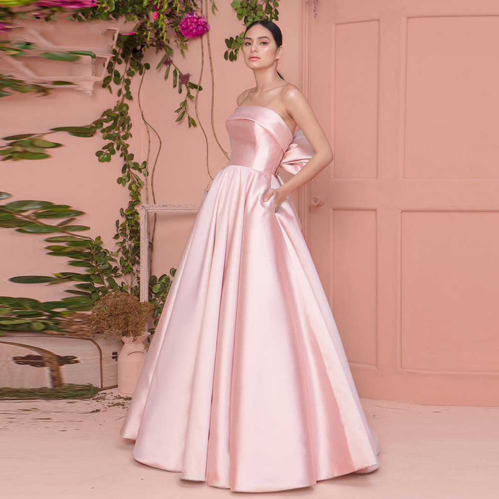 Pink A-line Prom Dresses Sexy Bateau Neck Satin Ruffles High Waist Sleeveless Strapless Bow Tie Appliques Elegant Sweep Train Evening Formal Dresses G