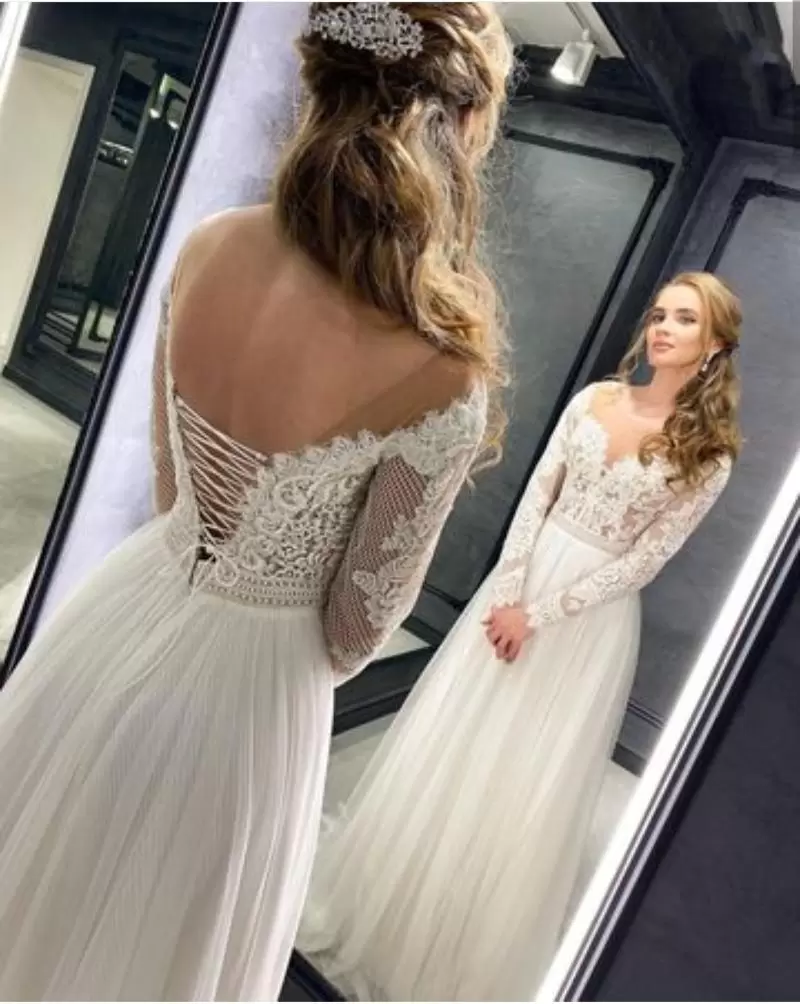 Boho Wedding Gorgeous Dresses Bridal Gown with Long Sleeves Lace Applique Floor Length Tulle Custom Made Beach Vestido De Novia