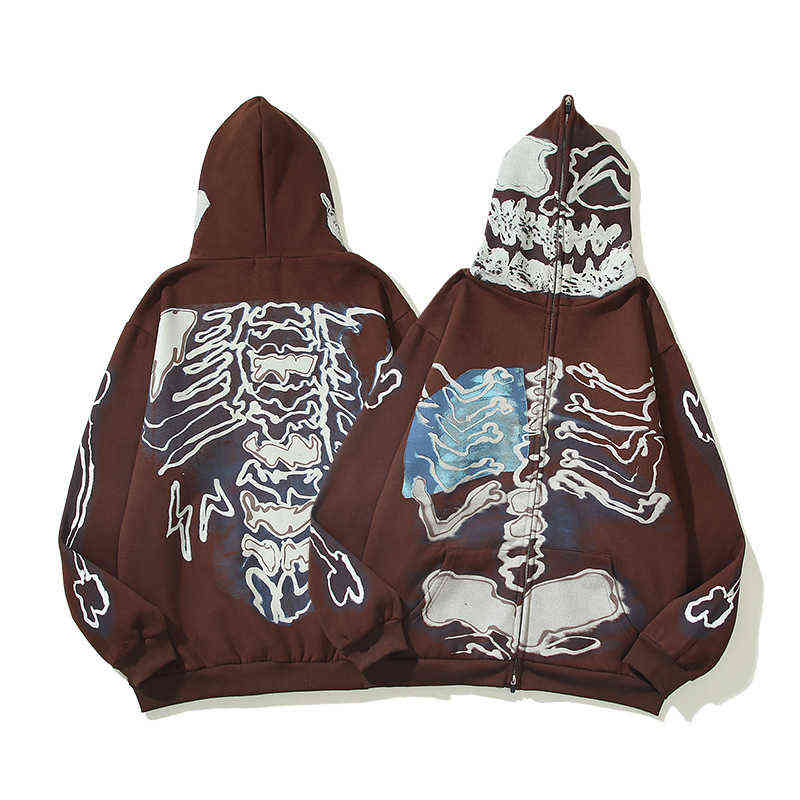 2021 Winter Skeleton Print Fleece Brown Zip Up Hoodie Men Hip Hop Pullover Cotton Punk Zipper Hooded Sweatshirt Sudaderas Hombre G220607