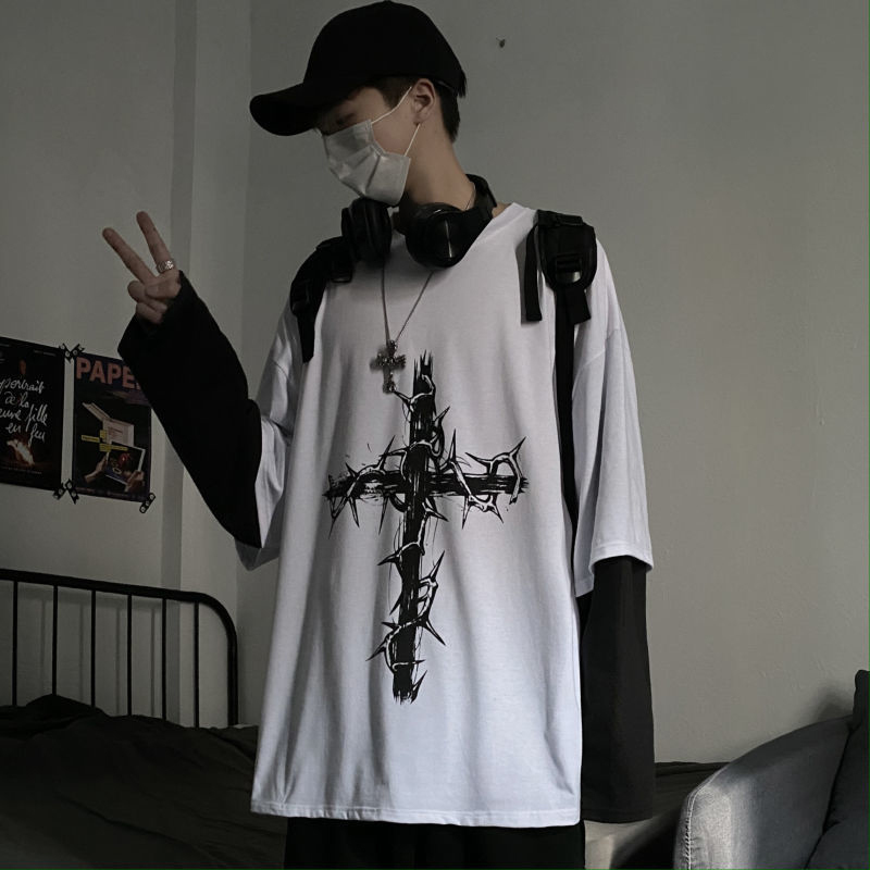Grunge Clothes Women Autumn Long Sleeve Emo T-shirts Harajuku Men Cross of Thorn Goth Top Alt Aesthetic Streetwear Tshirts 220525
