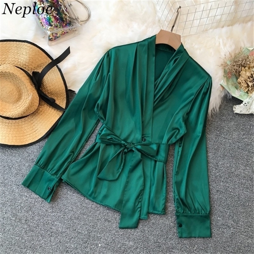 Neploe Autumn Solid Vneck Women Shirts Long Sleeve Bow Lace Up Blouse Sashes Slim Elegant Fashion New Blusa Feminina 68339 T200322