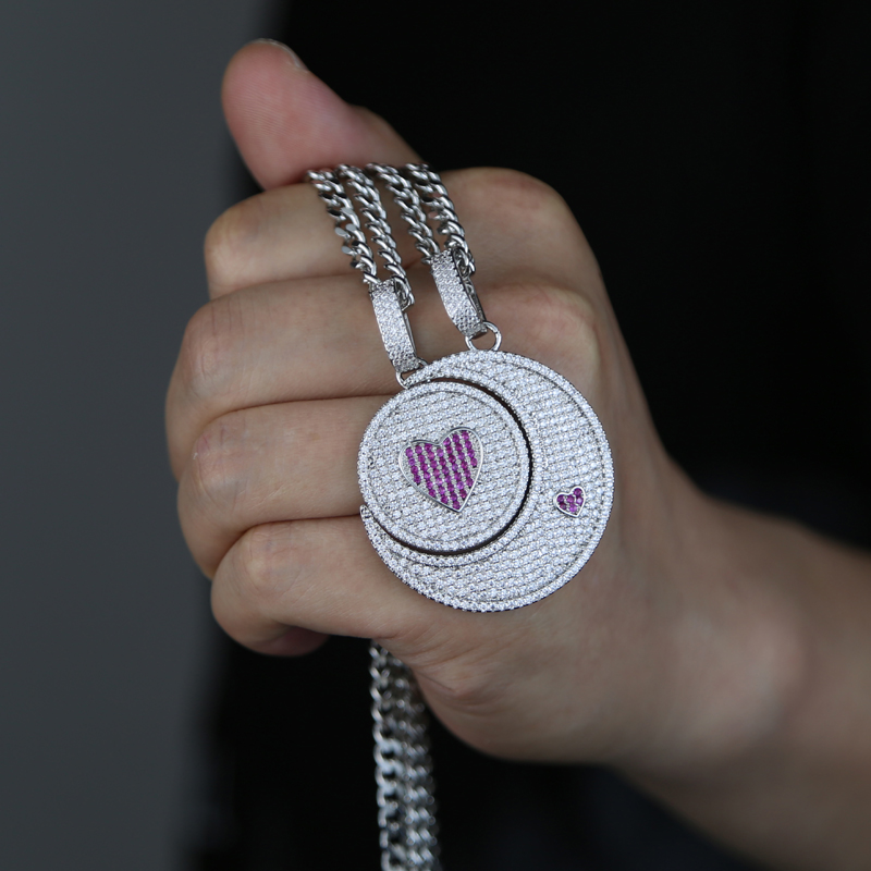 Men Women Hip Hop Moon Pendant 4.5mm Cuban Link Chain Iced Out Bling 5A CZ Paved Necklaces Fashion Lovely Heart Charm Jewelry