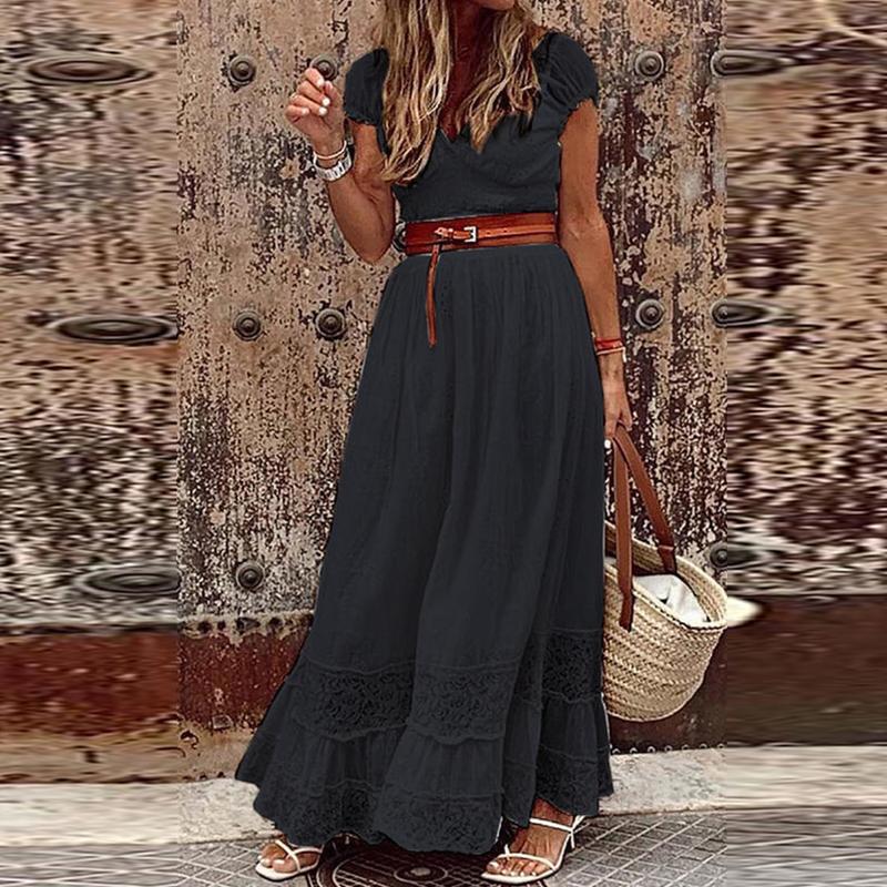 Casual Elegant V-Neck Dress: Embroidered Lace Maxi Dress For Summer And Beach In B4