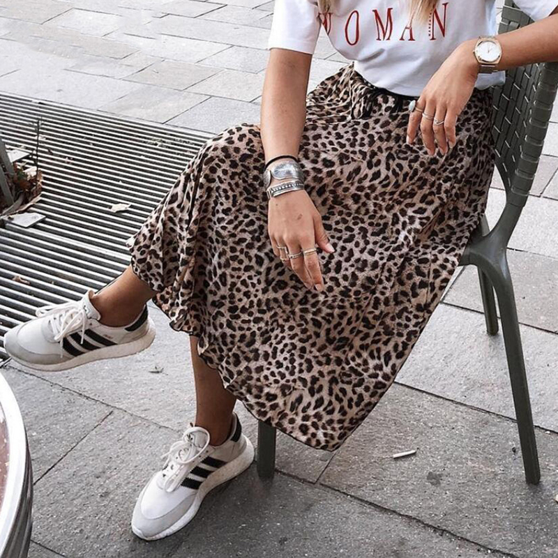 Jocoo Jolee Skirt Women Leopard Print Pleated Skirts Vintage Drawstring Elastic Waist Midi Skirts Casual Korean A Line Skirt 220701