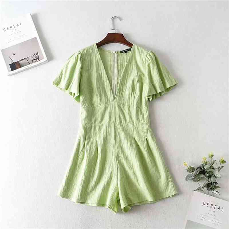 Casual Woman Green Puff Sleeve V Neck Cotton Short Rompers Summer Chic Ladies Soft Zipper Romper Female Beach 210515