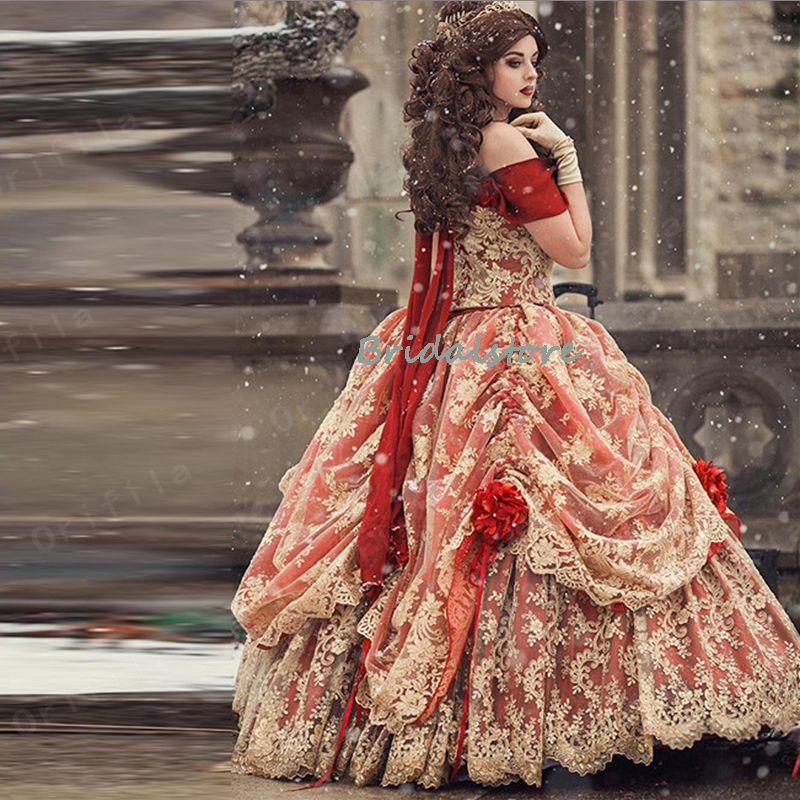 Gothic Red Gold Quinceanera Dress 2022 Medieval Victorian Corset Renaissance Prom Party Gowns Cortset Vestidos De Noche Sweet 15 Brithday Dresses Off 