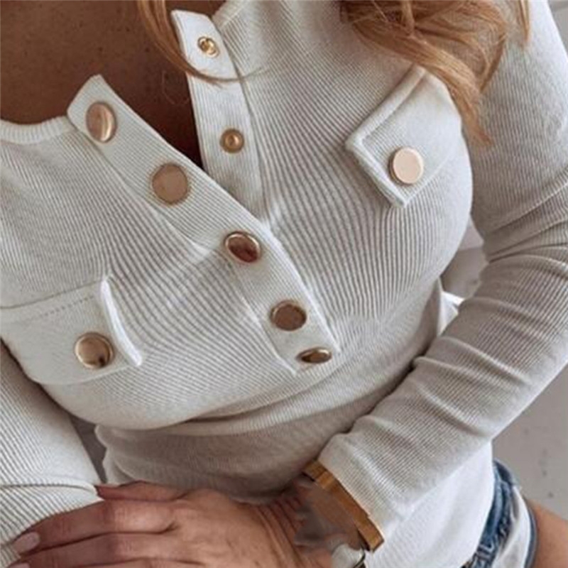 Women Autumn Knitted Sweater O Neck Pullover Long Sleeve T shirt Loose Leisure Elegant Buttons feminina Tee Female Tops W220408