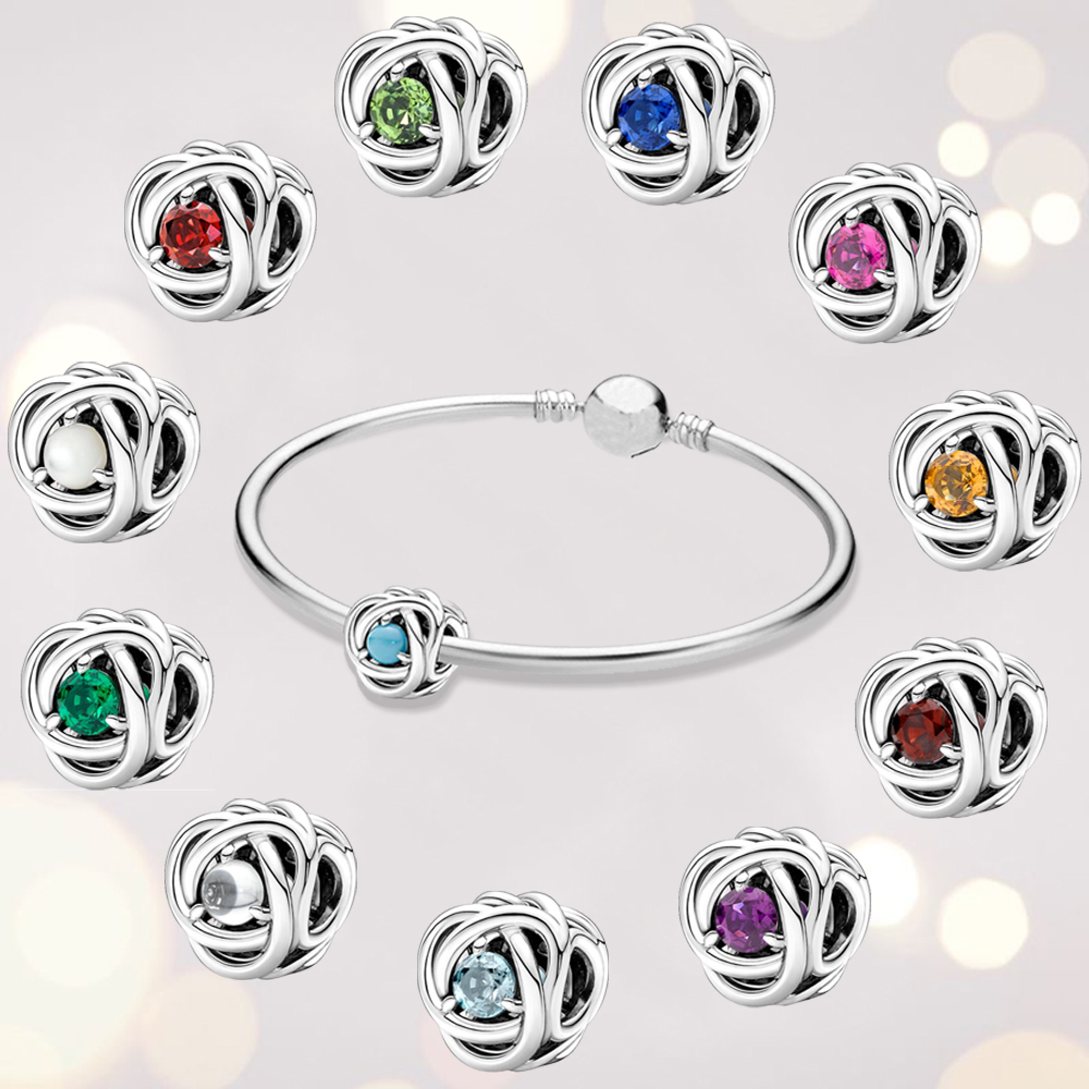 S925 Sterling Silver Dangle Charm Twee month Birthstone Heart Eternity Beads Bead Fit Charms Bracelet DIY Jewelry Accessories