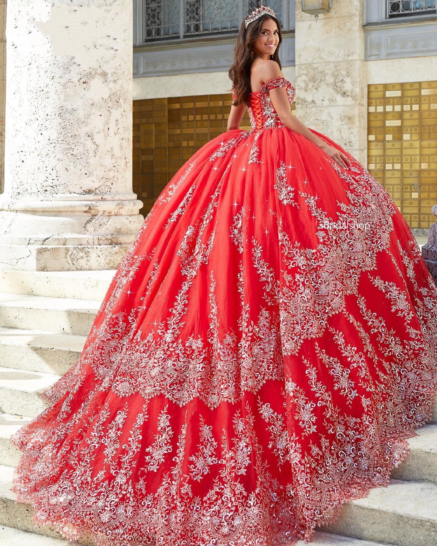 Red Lace Ball Gown Quinceanera Dresses Sequined Off The Shoulder Princess Prom Gowns Sweep Train Tulle Sweet 15 Masquerade Dress