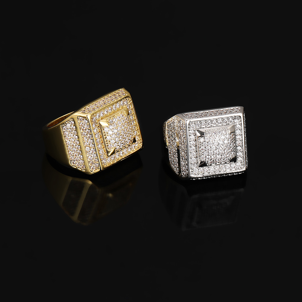 Hip Hop Retro Square Ring 5A Cubic Zircon 18K Real Gold Plated Finger Ring Mens Rap Jewelry