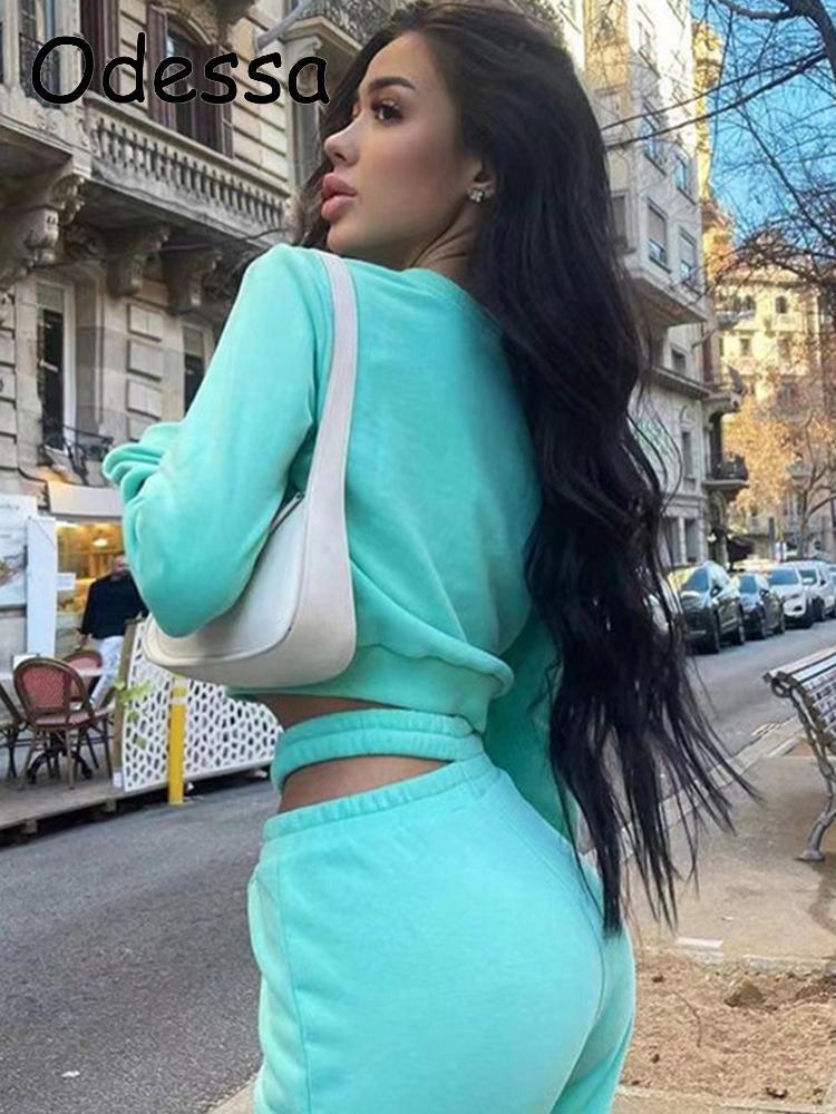 Odessa Autumn Solid Two Piece Set Women's Outfits Fashion O Neck Long Sleeve Crop TopsHollow Out Casual Pants Suits Sporty Suit 220817