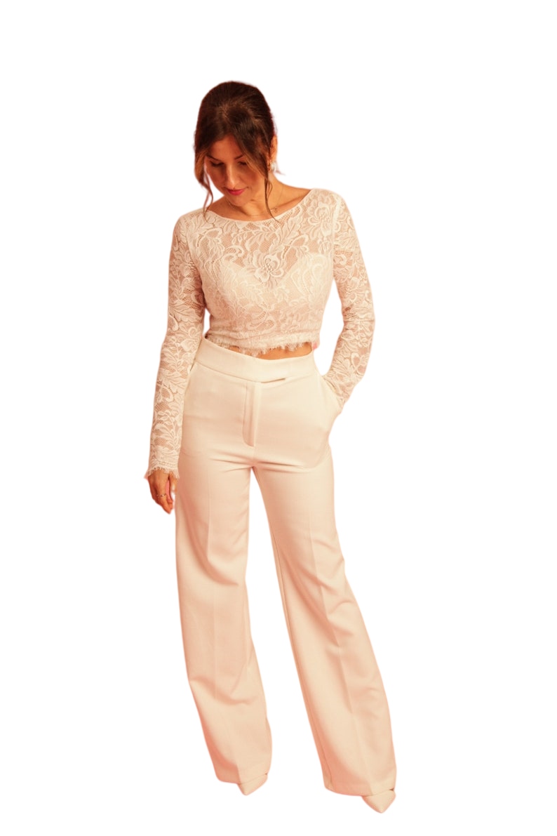 Bohemian Two Piece Wedding Pantsuit Bridal jumpsuit Ivory Boho long sleeve Bridal Gown beach Crop Top and Tailored Trousers