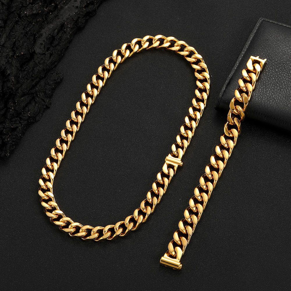 Hip Hop Cuban Link Chain Necklace Bracelet Set Heavy 18K Real Gold Plated Stainless Steel Metal Necklace for Men