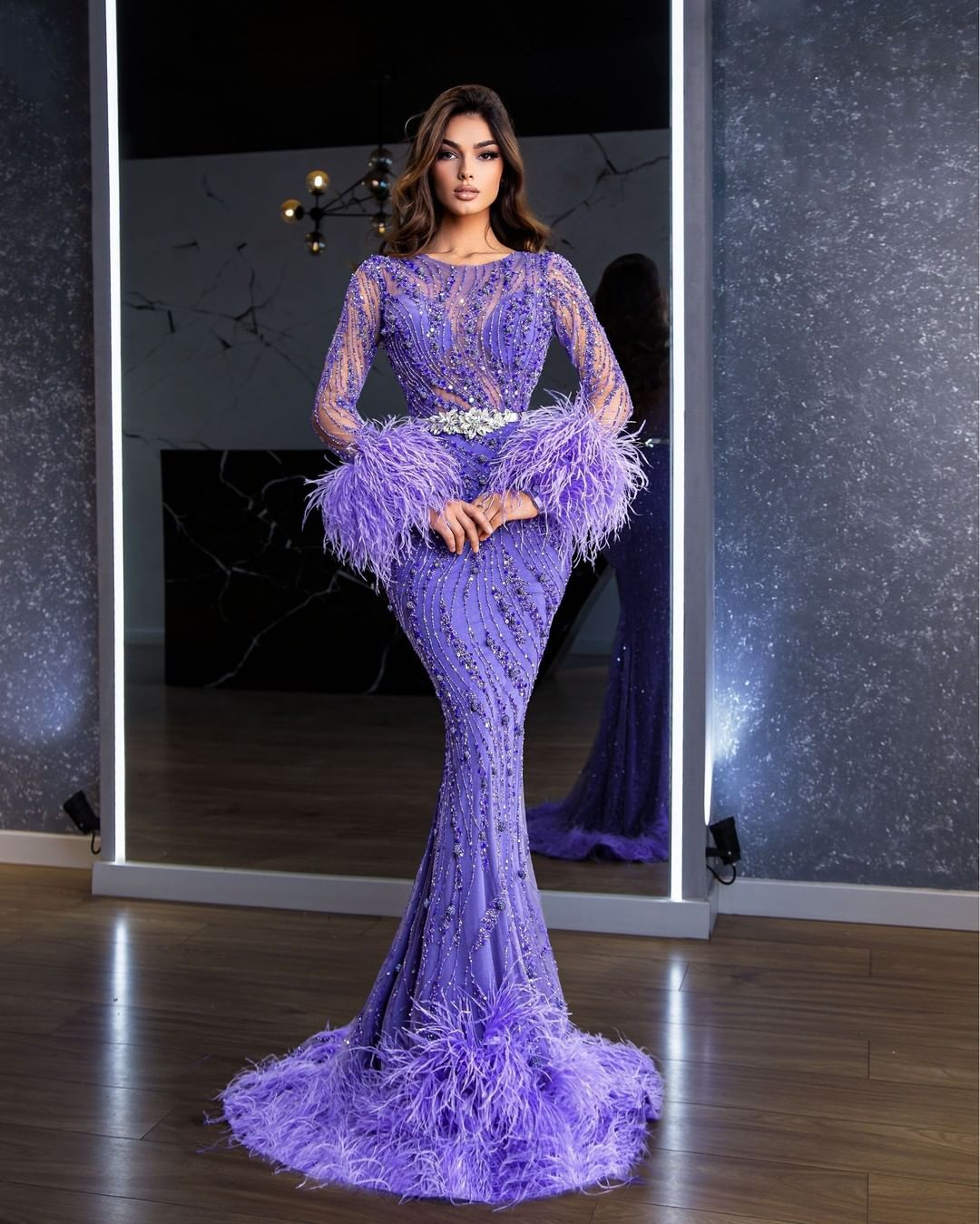 plus size arabic aso ebi luxurious mermaid lavender prom dresses sequined lace evening formal party second reception birthday engagement gowns dress z