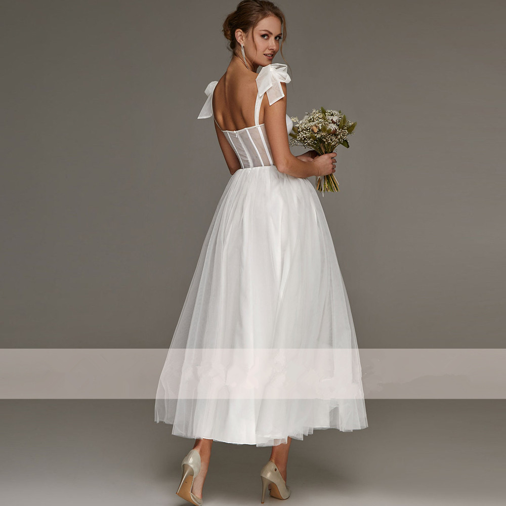 Bow Spaghetti Strap Sheath Wedding Dress Ankle Length A Line Backless Sleeveless Tulle Lace Plus Size Custom Made Simple And Stylish