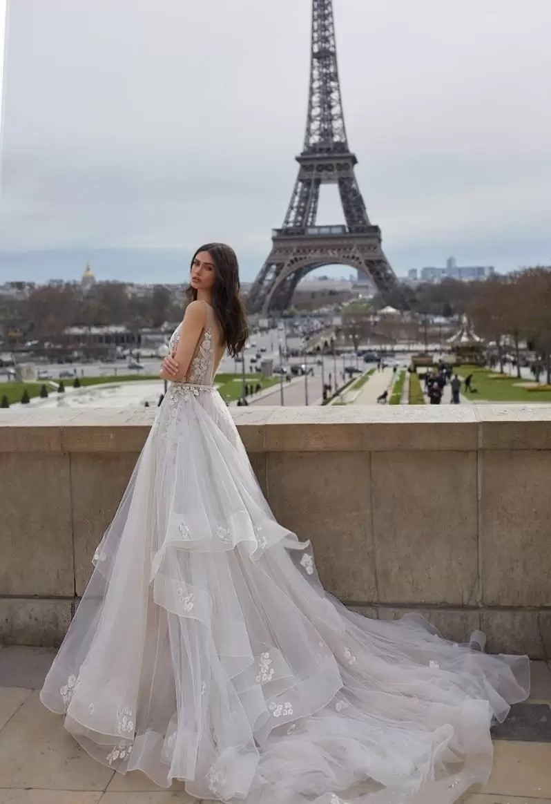 Backless A-Line Wedding Dresses Sexy V Neck Appliqued Illusion Tulle Boho Wedding Gowns Sweep Train Pearls Backless Bohemian Bride