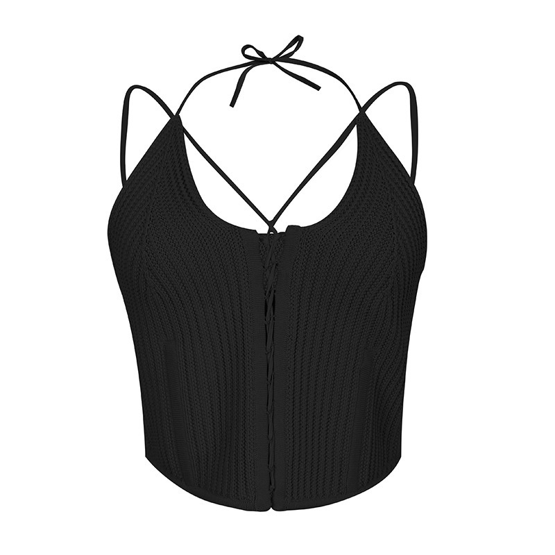 DEAT Women Knitted Bandage V-neck Halter Elasticity Camis Arrivals Sexy Temperament Fashion Spring Summer 11D958 220325